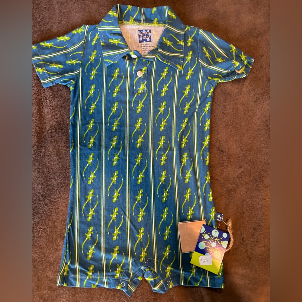 Kickee Pants Blue and Green Polo Romper in Twilight Gecko chameleon print
